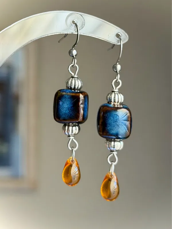 Handmade ceramic cube & Czech teardrop chic boho retro vintage style dangle earrings - Image 2