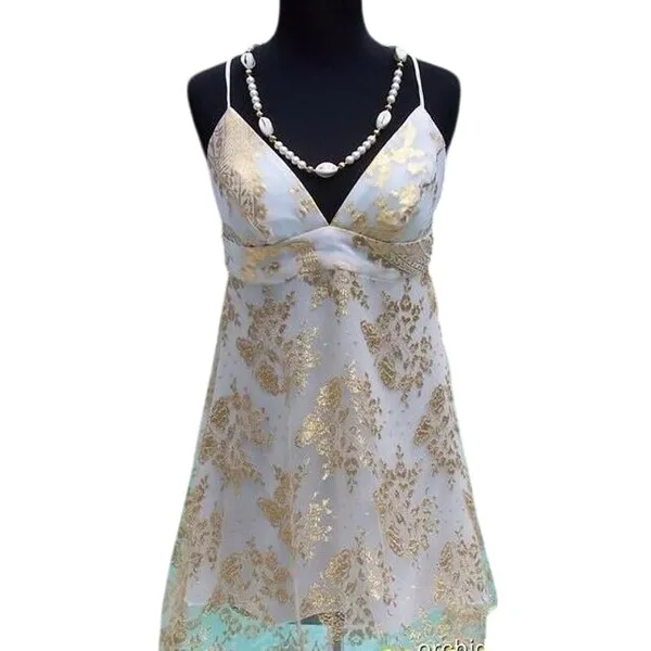 Cache Gold Metallic Silk Sheer Illusion Lace Top Dress Fit Flare New NWT $158 6 - Image 3