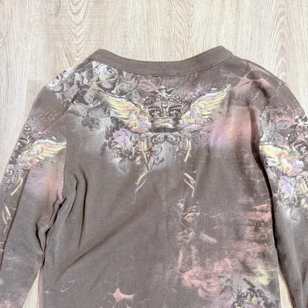 Y2K Grungy Graphic Henley Size Small Brown - Image 3