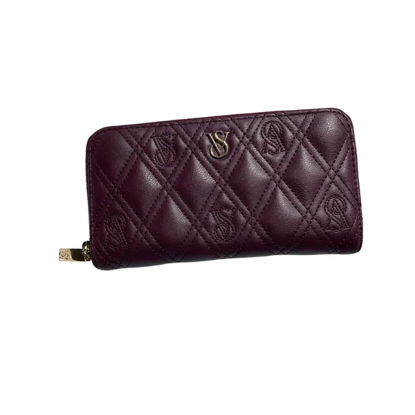 Victoria’s Secret Burgundy Quilted Zip Around Wallet Gold Tone Logo - Image 4