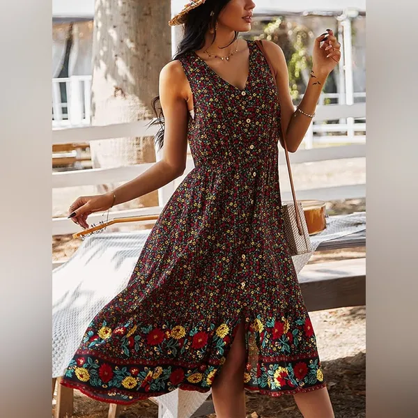 Amazon Bohemian V-Neck Printed Gathered Waist Midi Dress - Image 4