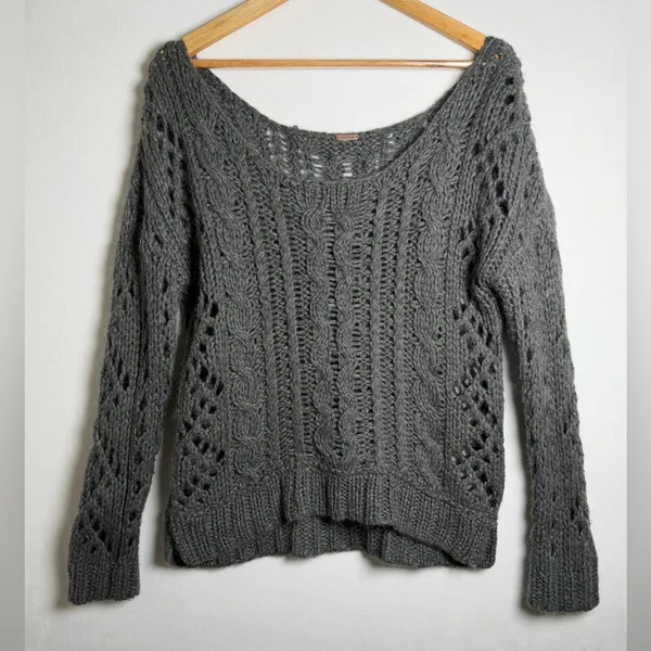 Free People Women’s Chunky Open Cable Knit Mohair Wool Blend Sweater Gray Sz M - Image 2