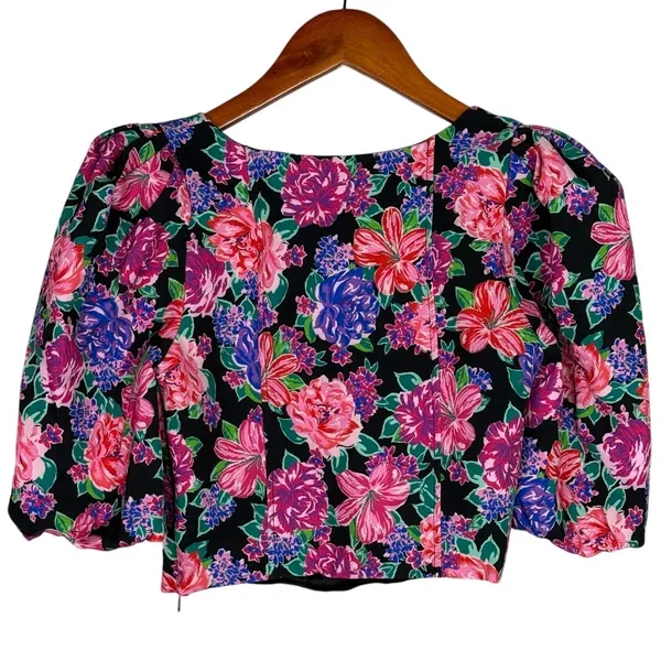 NWT ZARA Floral Cropped Top Plunging Neck Puff Half Sleeves S Black Pink Purple - Image 15