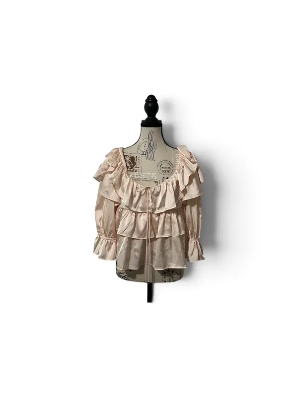 Francescas Ella Ruffle Tiered Satin Blouse Pink Off Shoulder Coquette NWT Medium - Image 3