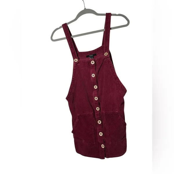 Forever 21 Burgundy Corduroy Overall Dress Pinafore Jumper Button Front‎ Size S - Image 3