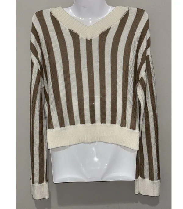 Honey Belle Sweater Womens Med Crop Top Tight Knit Brown & Ivory - Image 2