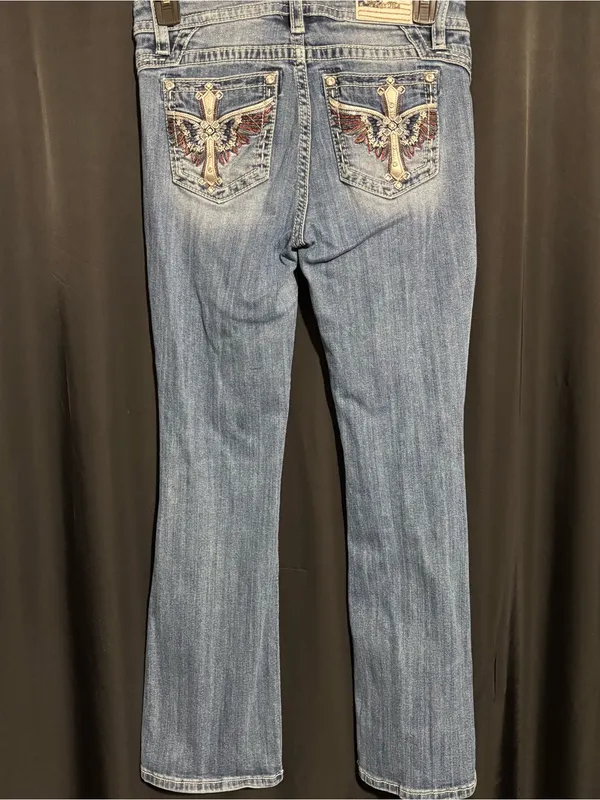 Miss Me Blue Denim Bootcut Jeans size 29 with Embroidered Cross & Wing Pockets - Image 3