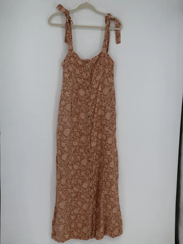 Faherty Kendall Palms Linen Maxi Dress Women’s Small Brown Tie Strap Button - Image 2