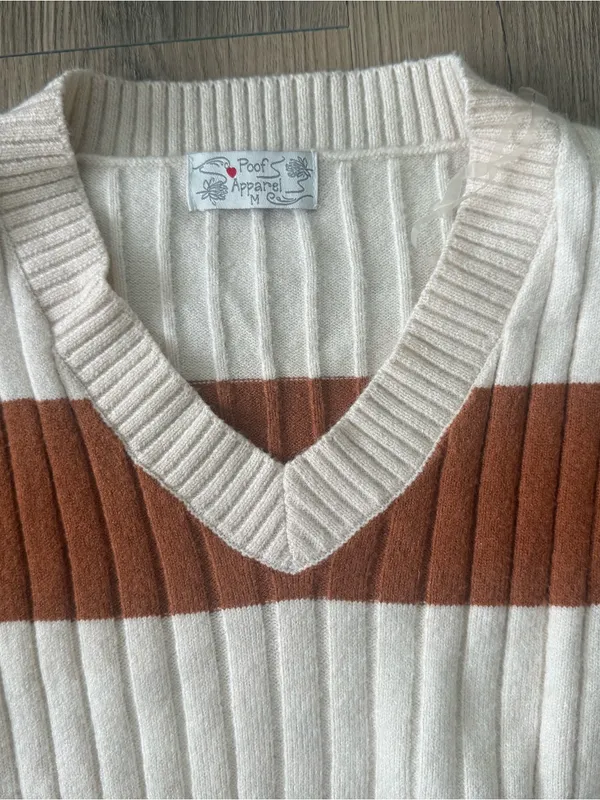 Poof Apparel Striped V-Neck Sweater in Cream, Rust & Taupe - Image 3