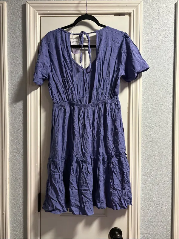 Lascana Tiered Mini Dress Women 6 Blue V-Neck Open Tie Back Short Sleeve NEW - Image 5