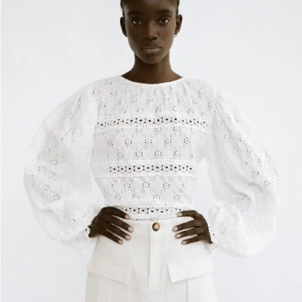 Zara Eyelet Balloon Sleeve Crop Top Shirt White Medium Cottagecore‎ Boho Country - Image 2