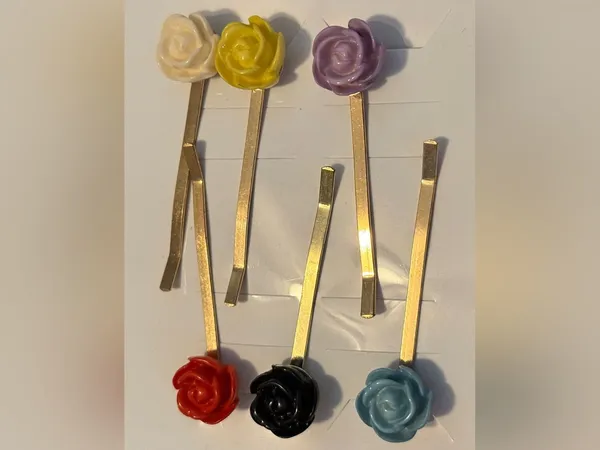 Gold Bobby Pins with Multicolor Rose Accents - Set of 6 - Image 2