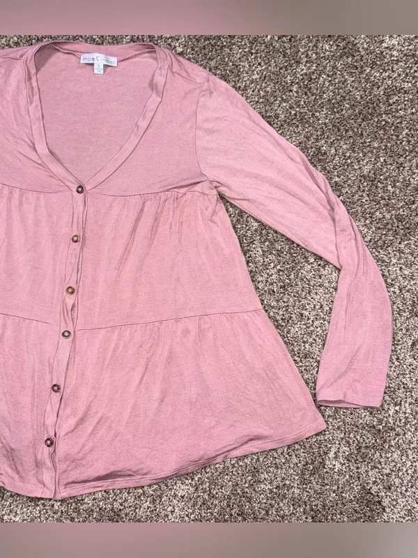 Moa Moa Dusty Pink Button-Front Tiered Long Sleeve Top Small - Image 9