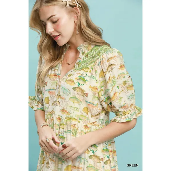 Umgee Print Tiered Midi Dress - Green - Small - Image 5