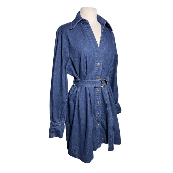 COMMENSE Women’s Belted Button Front Puff Sleeve Dark Wash Denim Dress - Image 3