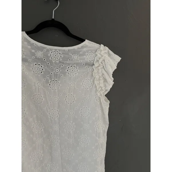 White Eyelet Lace Ruffle Cap Sleeve V-Neck Floral Boho Blouse‎ Top Womens Small - Image 3