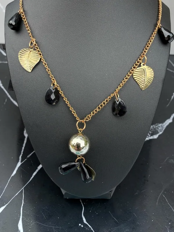 Whimsygoth Gold Leaf & Black Teardrop Charm Necklace Silver Orb Pendant - Image 2