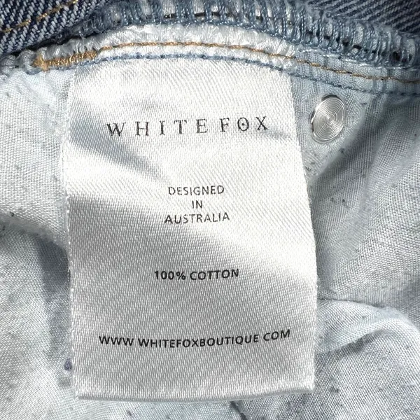White Fox Small Blue Acid Wash Crossover Waist Straight Leg Jeans STAINED - Image 8