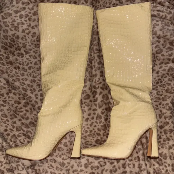 Pale Yellow/Cream knee high croc textured boots - Image 2