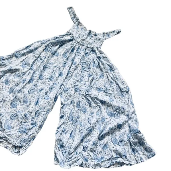 Boho Me crop wide leg JUMPSUIT XS smocked paisley floral shabby chic BLUE WHITE - Image 5