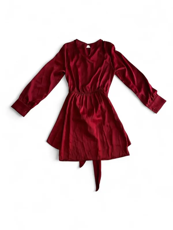 NWOT Red Satin Long Sleeve Tie Waist Mini Dress Size Small - Image 6