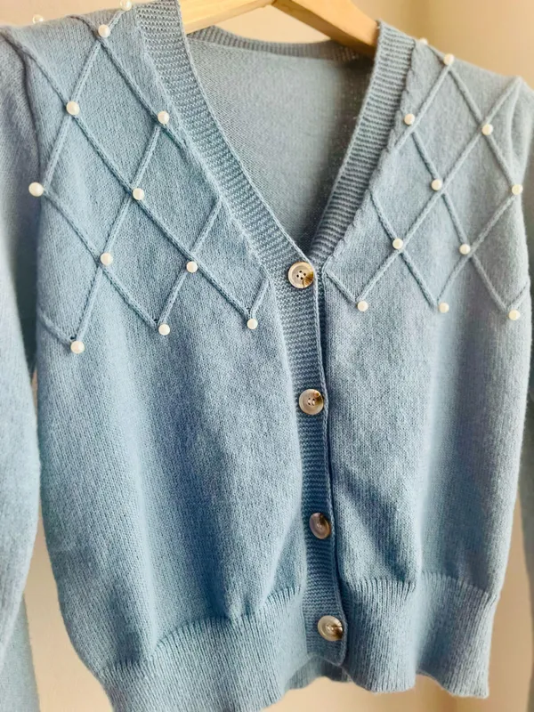 Blue Pearl-embellished Cardigan - Image 4