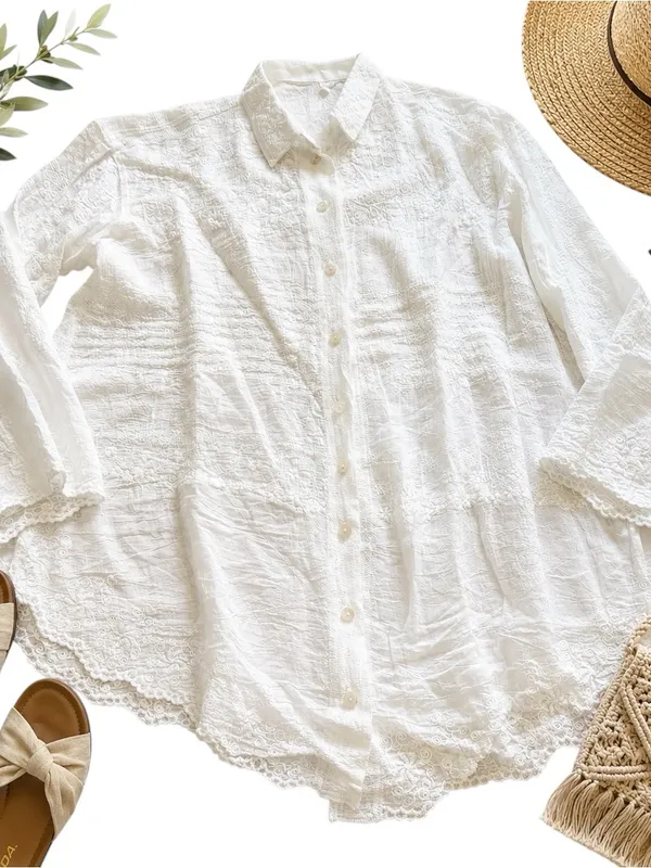 White Embroidered Cotton Gauze Lace Button Front Cottagecore Boho Blouse XL Top - Image 2