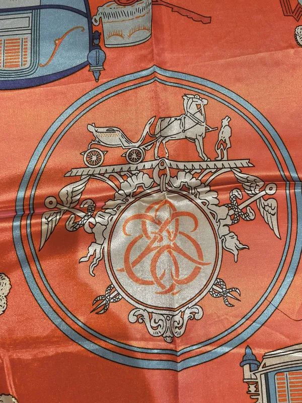 Vintage Equestrian HORSE&CARRIAGE print orange/blue oversized silky Scarf 35/35 - Image 7