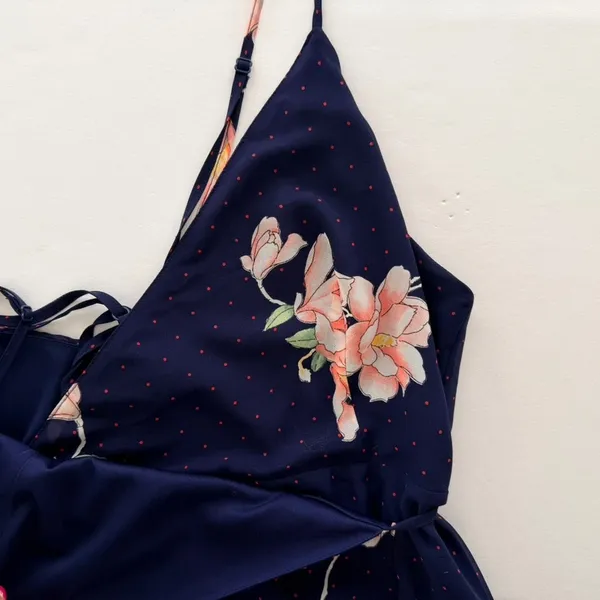 Lulus Loiselle Navy Blue Floral Print Polka Dot Wrap Maxi Dress Size XL Sundress - Image 3
