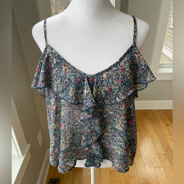 Vintage Y2K About A Girl Y2K Sheer Navy Floral Crop Ruffle Cami Tank Top Medium - Image 7