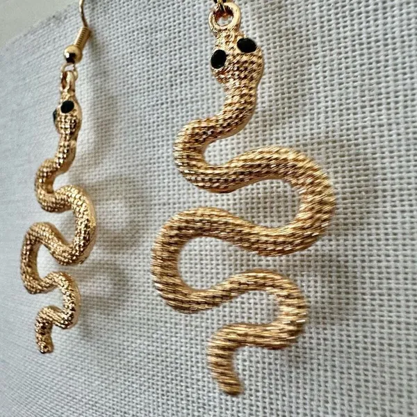 Gold Tone Snake Dangle Earrings with Black Eyes - Image 2