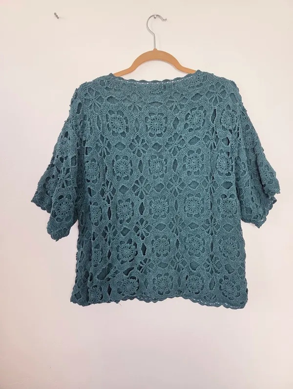 Noile Silk Exchange Blend Teal Green Floral Crochet Sweater Grannycore Cottage - Image 6