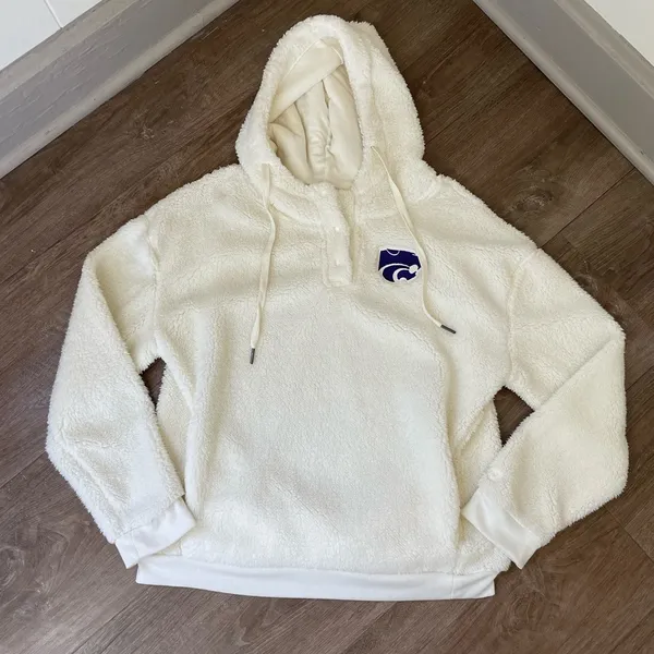 Colosseum K-State Cream Fuzzy 1/4 Button Up Hooded Pullover Top ~ Size M - Image 9