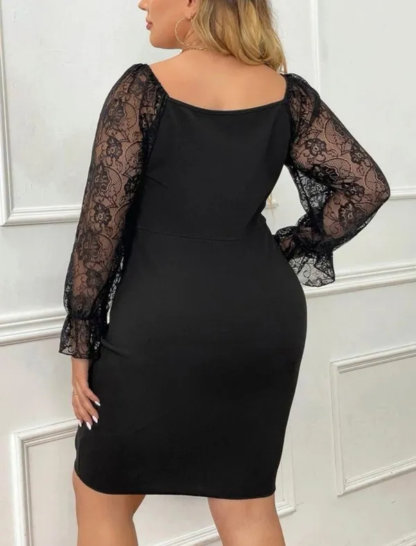 Lace Sleeve Drawstring Bodycon Dress Black Size 18 plus - Image 2