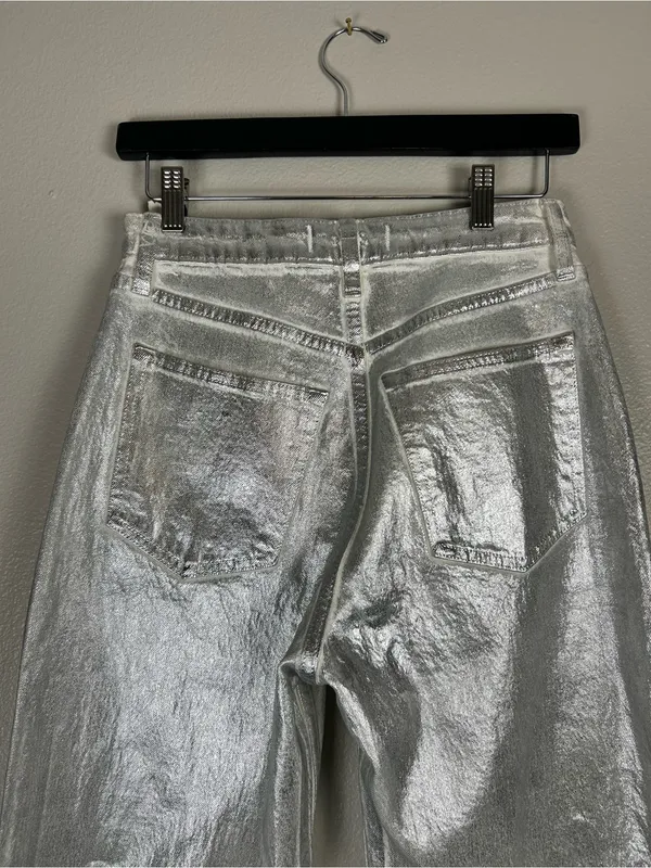 Abercrombie & Fitch Women's Metallic Silver Straight-Leg High-Rise Jeans Size 26 - Image 4