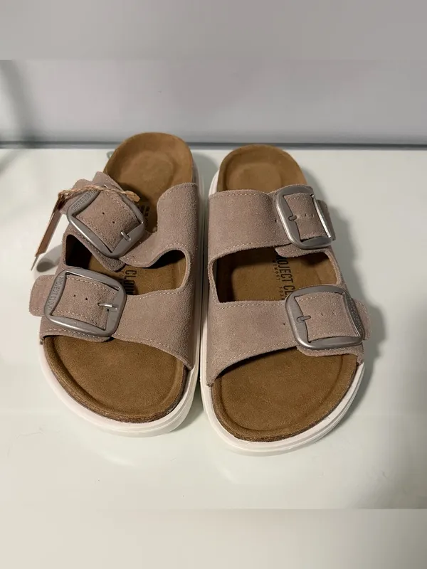 Double-Buckle Slide Sandals in Taupe with Cushioned Footbed - Image 2