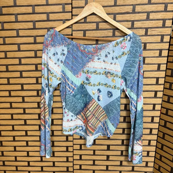 G.A.S. Blue Patchwork Print‎ Blouse Size Large - Image 2