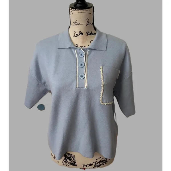 Maeve Anthropologie The Elliot Light Blue Pearl Embellished Knit Polo Top Sz SM - Image 3