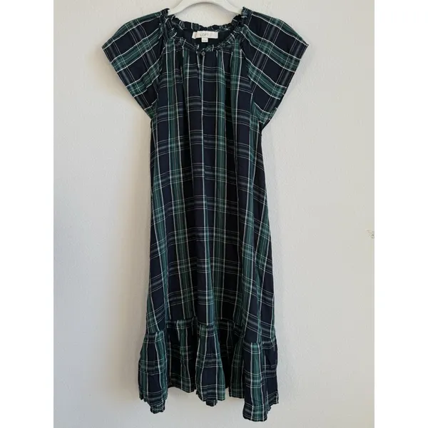 Loft Dress Women's 12 Blue Green Plaid‎ Shift Belted Short Sleeve Pleated Lined - Image 6