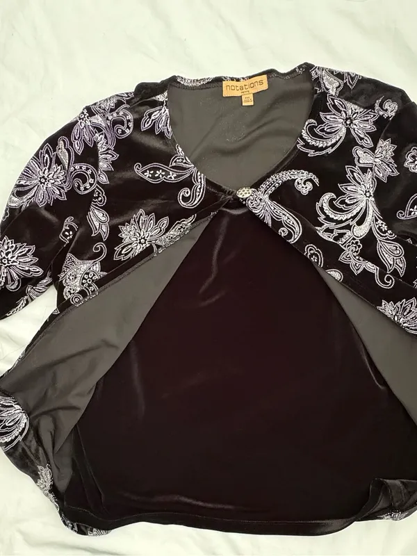 Notations Petite PXL Black Velvet Silver Paisley Floral Shimmer Cardigan - Image 11