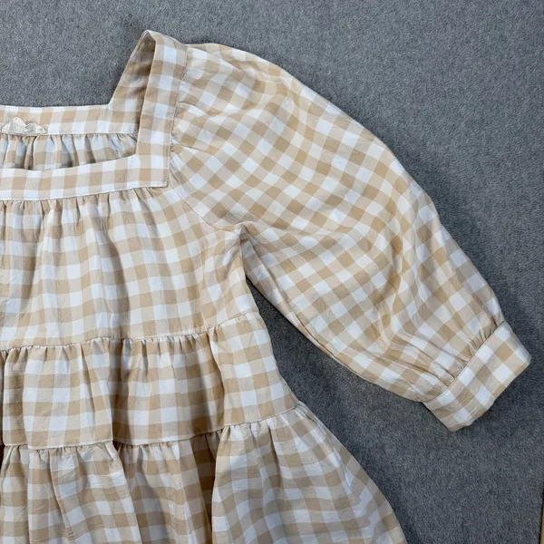 Entro Women's Small Beige White Gingham Square Neck Tiered Babydoll Top Blouse - Image 3