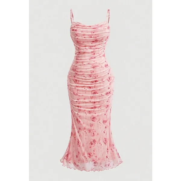 NEW Shein Pink Floral Ruched Sleeveless Cami Camisole Tank Midi Bodycon Dress M - Image 3
