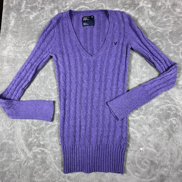 Y2K American Eagle V Neck Fitted Cable Knit Sweater Women Medium Purple Preppy - Image 8
