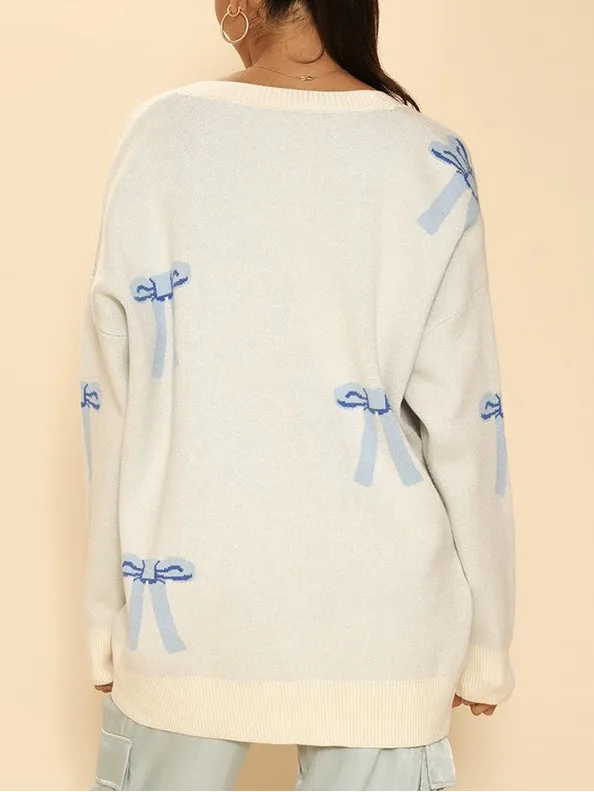 Miss Sparkling Ivory Blue Bow Cardigan Oversized V Neck Knit. Size L - Image 6