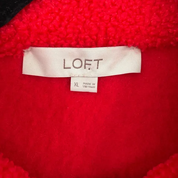 LOFT Womens XL Red Sherpa Fleece Floral Yoke Snap Neck Pullover Sweatshirt - Image 5