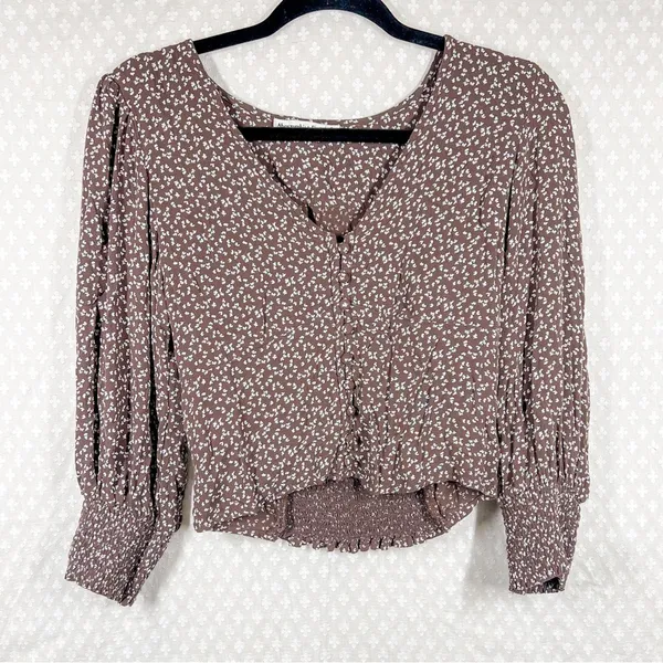 Abercrombie &‎ Fitch Brown White Floral Button Up Puff Sleeve Cropped Top - Image 2