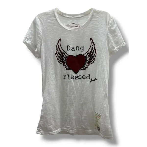 Dang Chicks Dang Blessed Chick White Slub Knit Heart Wings Graphic Tee Large NEW - Image 3