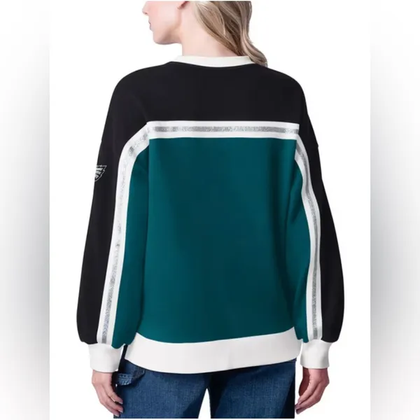 NWT Eagles NFL Team Apparel Silver Glitter Midnight Green Bench Crewneck Glll - Image 2