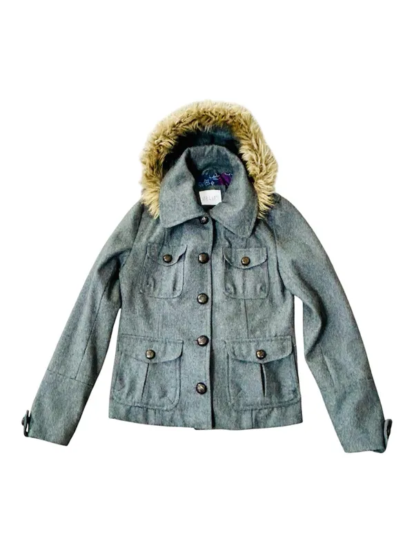 Vintage Y2K dELiA*s Grey Wool-Blend Peacoat with Removable Faux Fur Hood Medium - Image 2