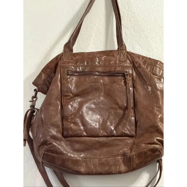Vintage FRYE brown crinkled leather tote bag with shoulder strap 16x12 - Image 2